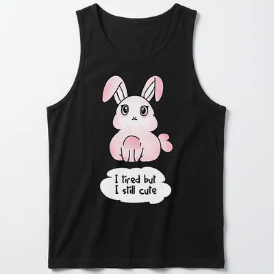 Kawaii pink bunny t-shirt with playful text about being cute despite tiredness. — printed on a tank top