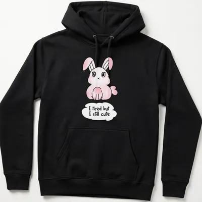 Kawaii pink bunny t-shirt with playful text about being cute despite tiredness. — printed on a unisex hoodie