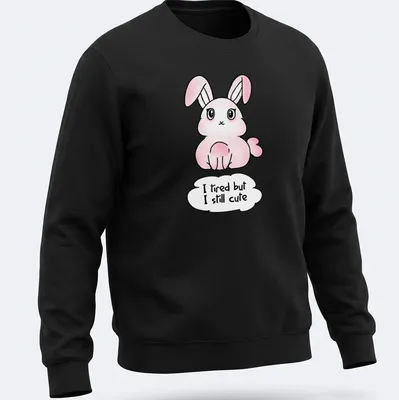 Kawaii pink bunny t-shirt with playful text about being cute despite tiredness. — printed on a unisex sweatshirt