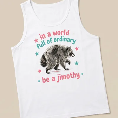 Vintage illustrated raccoon with whimsical text about being unique — printed on a tank top