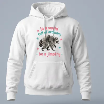 Vintage illustrated raccoon with whimsical text about being unique — printed on a unisex hoodie