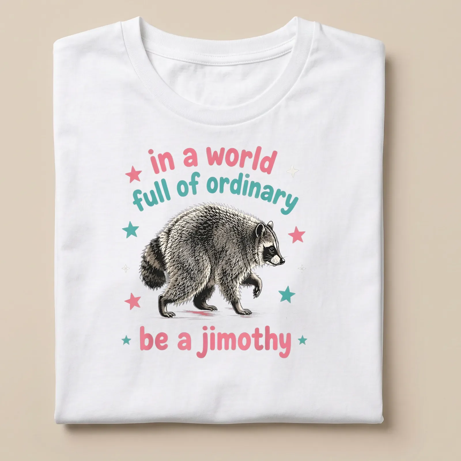 Vintage illustrated raccoon with whimsical text about being unique — printed on a unisex t-shirt