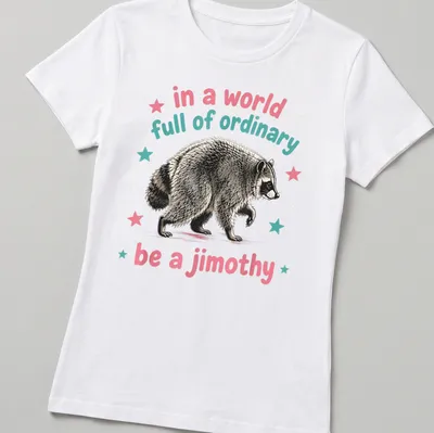 Vintage illustrated raccoon with whimsical text about being unique — printed on a women's shirt