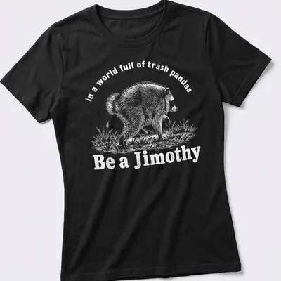 Sketch illustration of a bear with the phrase about trash pandas in white and light gray — printed on a women's shirt