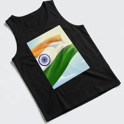 Digital illustration of the Indian flag with orange, white, green, and blue colors — printed on a tank top