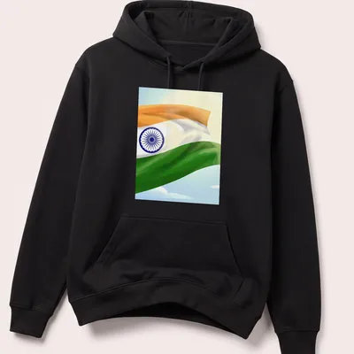 Digital illustration of the Indian flag with orange, white, green, and blue colors — printed on a unisex hoodie