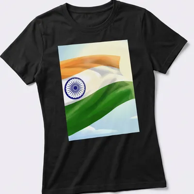 Digital illustration of the Indian flag with orange, white, green, and blue colors — printed on a women's shirt