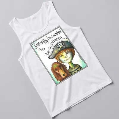 Watercolor illustration of a boy with a pirate hat and dog, with whimsical text — printed on a tank top