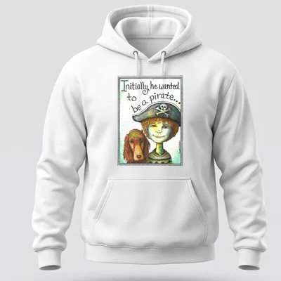 Watercolor illustration of a boy with a pirate hat and dog, with whimsical text — printed on a unisex hoodie