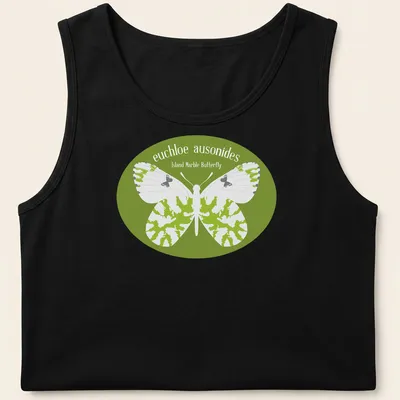 Illustrative design of the Island Marble Butterfly in green, white, and black colors. — printed on a tank top