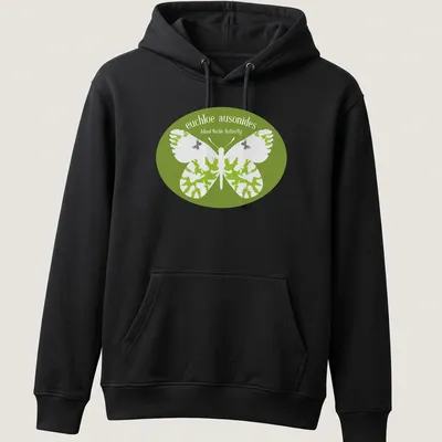 Illustrative design of the Island Marble Butterfly in green, white, and black colors. — printed on a unisex hoodie