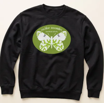 Illustrative design of the Island Marble Butterfly in green, white, and black colors. — printed on a unisex sweatshirt
