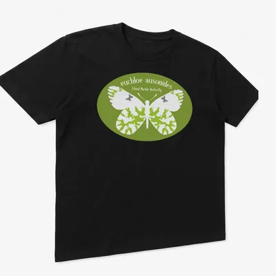 Illustrative design of the Island Marble Butterfly in green, white, and black colors. — printed on a unisex t-shirt (angled view)