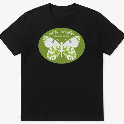 Illustrative design of the Island Marble Butterfly in green, white, and black colors. — printed on a unisex t-shirt