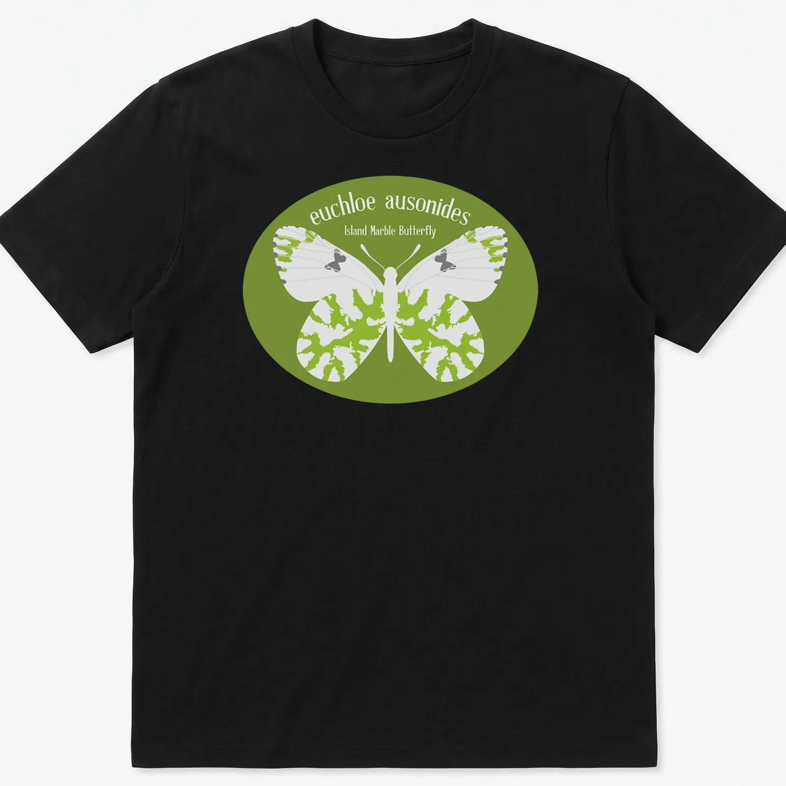 Illustrative design of the Island Marble Butterfly in green, white, and black colors. — printed on a unisex t-shirt