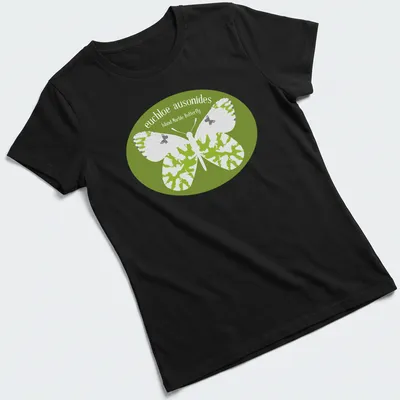 Illustrative design of the Island Marble Butterfly in green, white, and black colors. — printed on a women's shirt