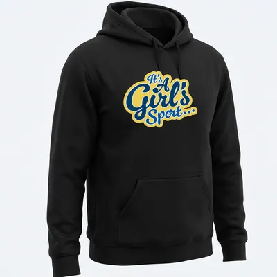 Navy t-shirt featuring playful yellow script text design stating 'It's A Girl's Sport...' — printed on a unisex hoodie