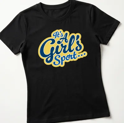 Navy t-shirt featuring playful yellow script text design stating 'It's A Girl's Sport...' — printed on a women's shirt