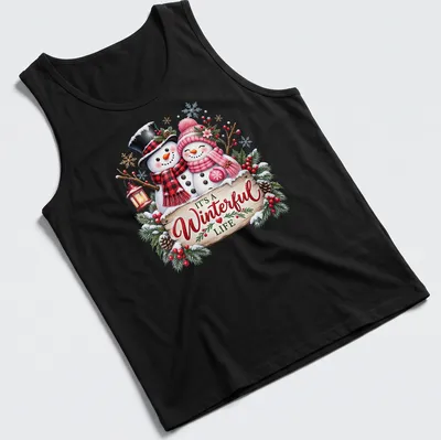 Festive snowman couple with text 'IT'S A Winterful Life' in colorful holiday design. — printed on a tank top