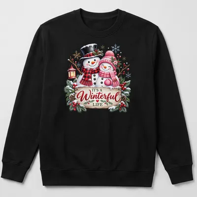 Festive snowman couple with text 'IT'S A Winterful Life' in colorful holiday design. — printed on a unisex sweatshirt