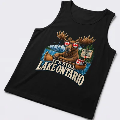 Vintage illustration of a moose in sunglasses with text about Lake Ontario — printed on a tank top