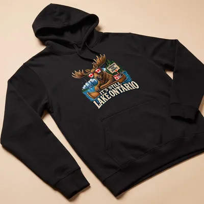 Vintage illustration of a moose in sunglasses with text about Lake Ontario — printed on a unisex hoodie