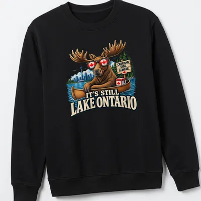 Vintage illustration of a moose in sunglasses with text about Lake Ontario — printed on a unisex sweatshirt