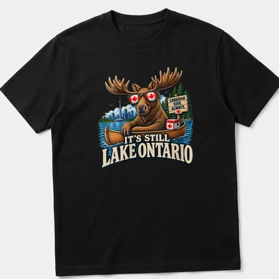 Vintage illustration of a moose in sunglasses with text about Lake Ontario