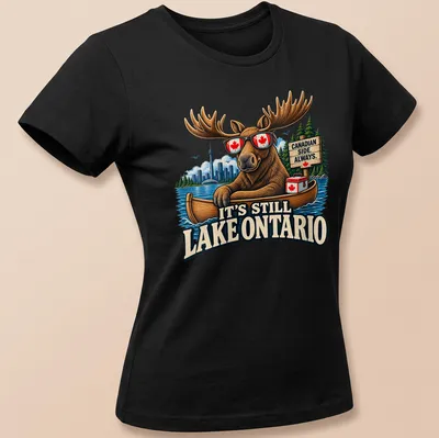 Vintage illustration of a moose in sunglasses with text about Lake Ontario — printed on a women's shirt