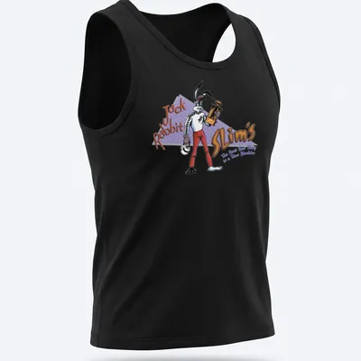 Cartoon rabbit holding a trophy with playful text in colorful design — printed on a tank top