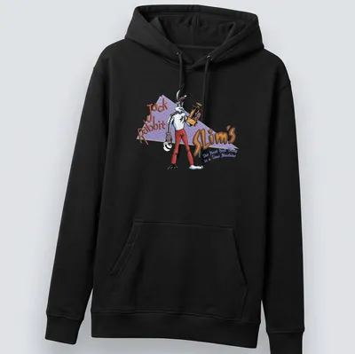 Cartoon rabbit holding a trophy with playful text in colorful design — printed on a unisex hoodie