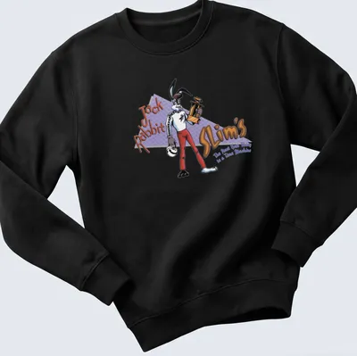 Cartoon rabbit holding a trophy with playful text in colorful design — printed on a unisex sweatshirt