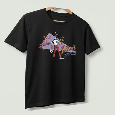 Cartoon rabbit holding a trophy with playful text in colorful design — printed on a unisex t-shirt (angled view)