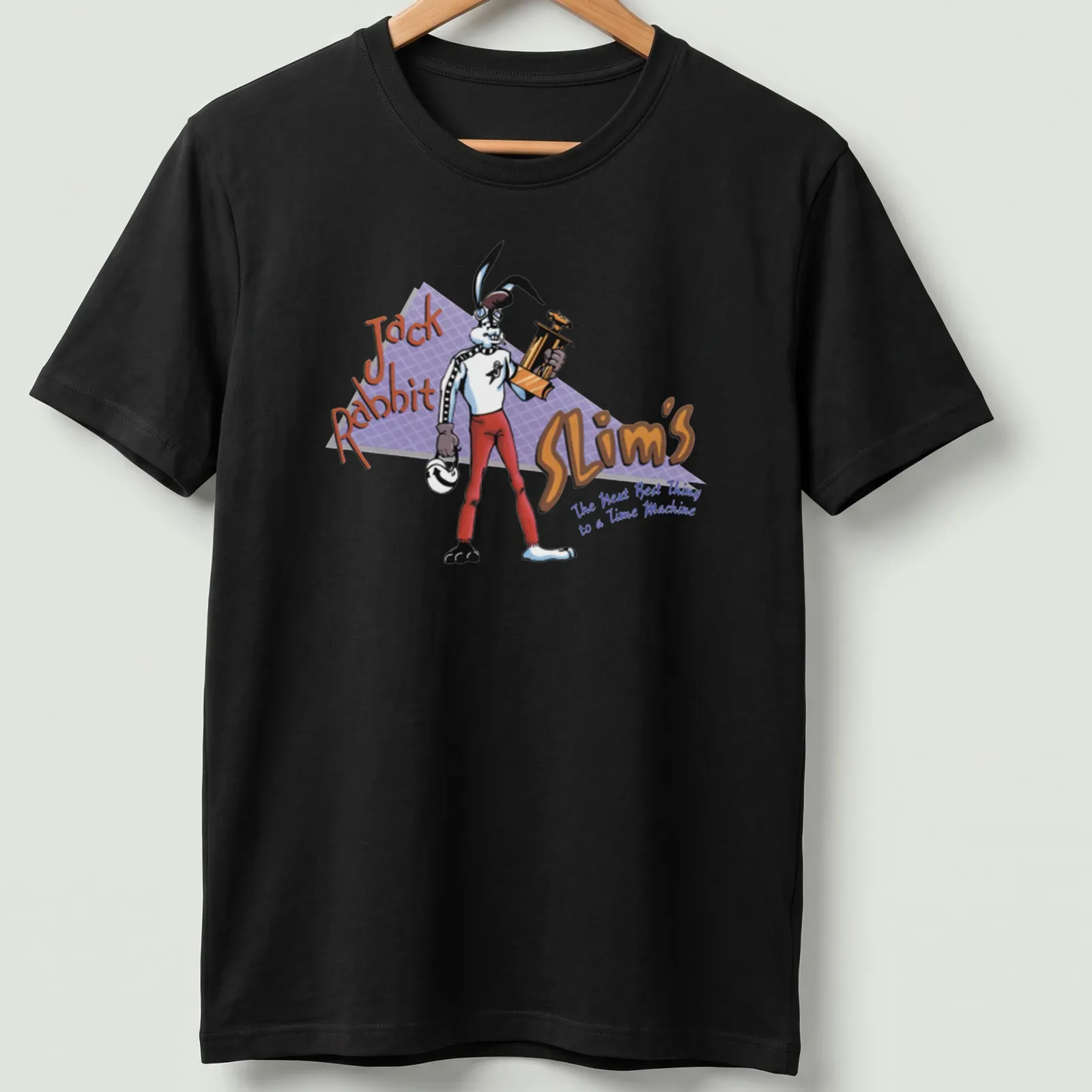 Cartoon rabbit holding a trophy with playful text in colorful design — printed on a unisex t-shirt