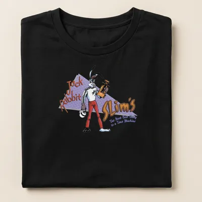 Cartoon rabbit holding a trophy with playful text in colorful design — printed on a women's shirt