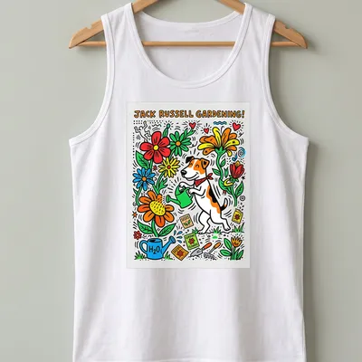 Colorful doodle artwork of a Jack Russell Terrier gardening among flowers — printed on a tank top