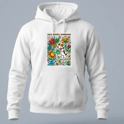 Colorful doodle artwork of a Jack Russell Terrier gardening among flowers — printed on a unisex hoodie