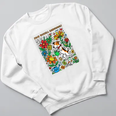 Colorful doodle artwork of a Jack Russell Terrier gardening among flowers — printed on a unisex sweatshirt