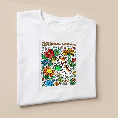 Colorful doodle artwork of a Jack Russell Terrier gardening among flowers — printed on a unisex t-shirt (angled view)
