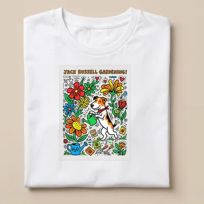 Colorful doodle artwork of a Jack Russell Terrier gardening among flowers — printed on a unisex t-shirt