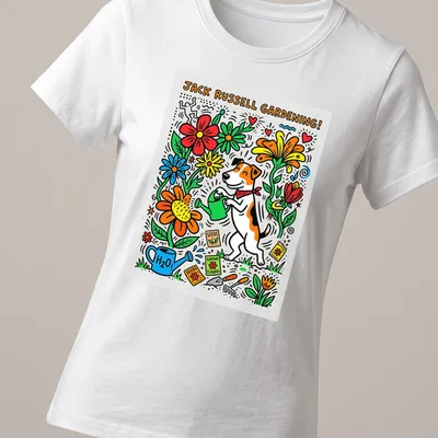 Colorful doodle artwork of a Jack Russell Terrier gardening among flowers — printed on a women's shirt