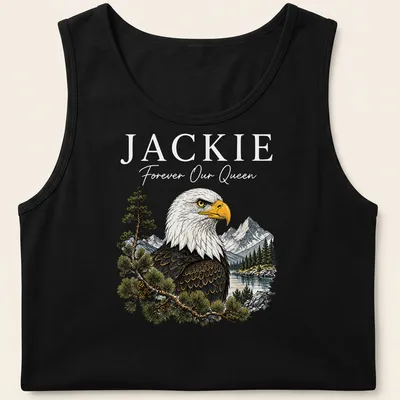 Detailed illustration of a bald eagle with the text 'Jackie Forever Our Queen' — printed on a tank top