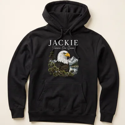 Detailed illustration of a bald eagle with the text 'Jackie Forever Our Queen' — printed on a unisex hoodie
