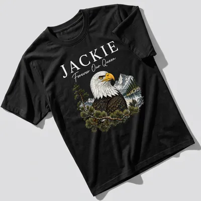 Detailed illustration of a bald eagle with the text 'Jackie Forever Our Queen'
