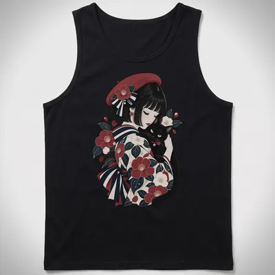 Illustration of a woman in traditional Japanese attire with a black cat — printed on a tank top