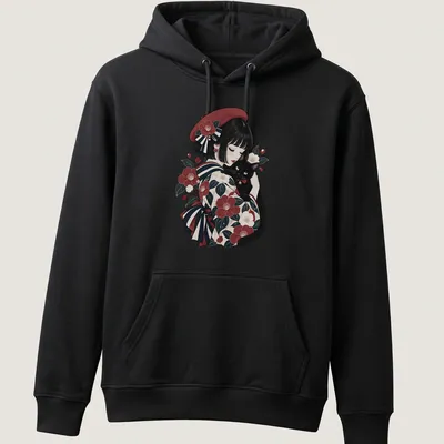 Illustration of a woman in traditional Japanese attire with a black cat — printed on a unisex hoodie