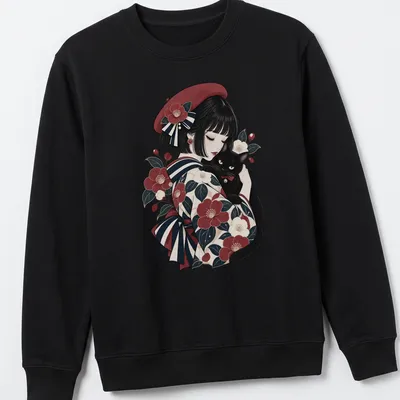 Illustration of a woman in traditional Japanese attire with a black cat — printed on a unisex sweatshirt
