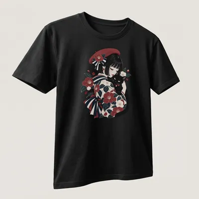 Illustration of a woman in traditional Japanese attire with a black cat — printed on a unisex t-shirt (angled view)