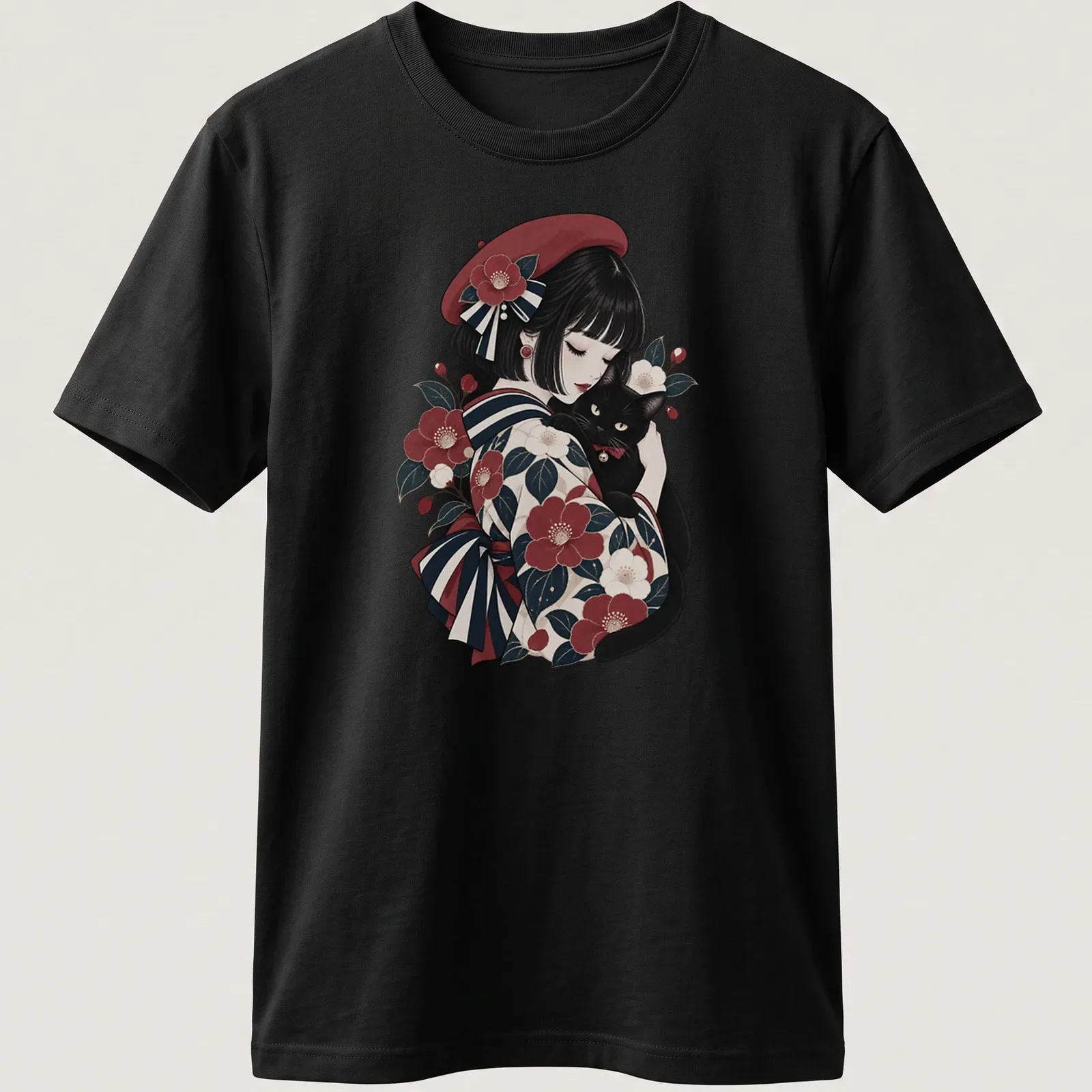 Illustration of a woman in traditional Japanese attire with a black cat — printed on a unisex t-shirt