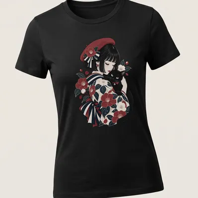 Illustration of a woman in traditional Japanese attire with a black cat — printed on a women's shirt